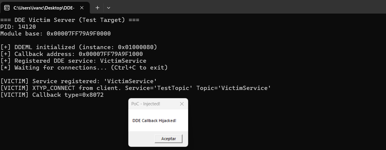 NOP/Beep/MessageBox validation against the controlled victim